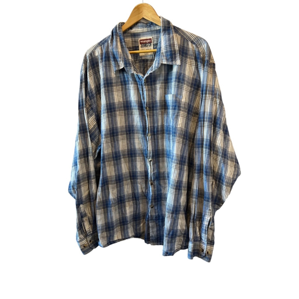 MENs WRANGLER Blue Plaid Cotton Button Up Long Sleeve Casual Shirt 3XL